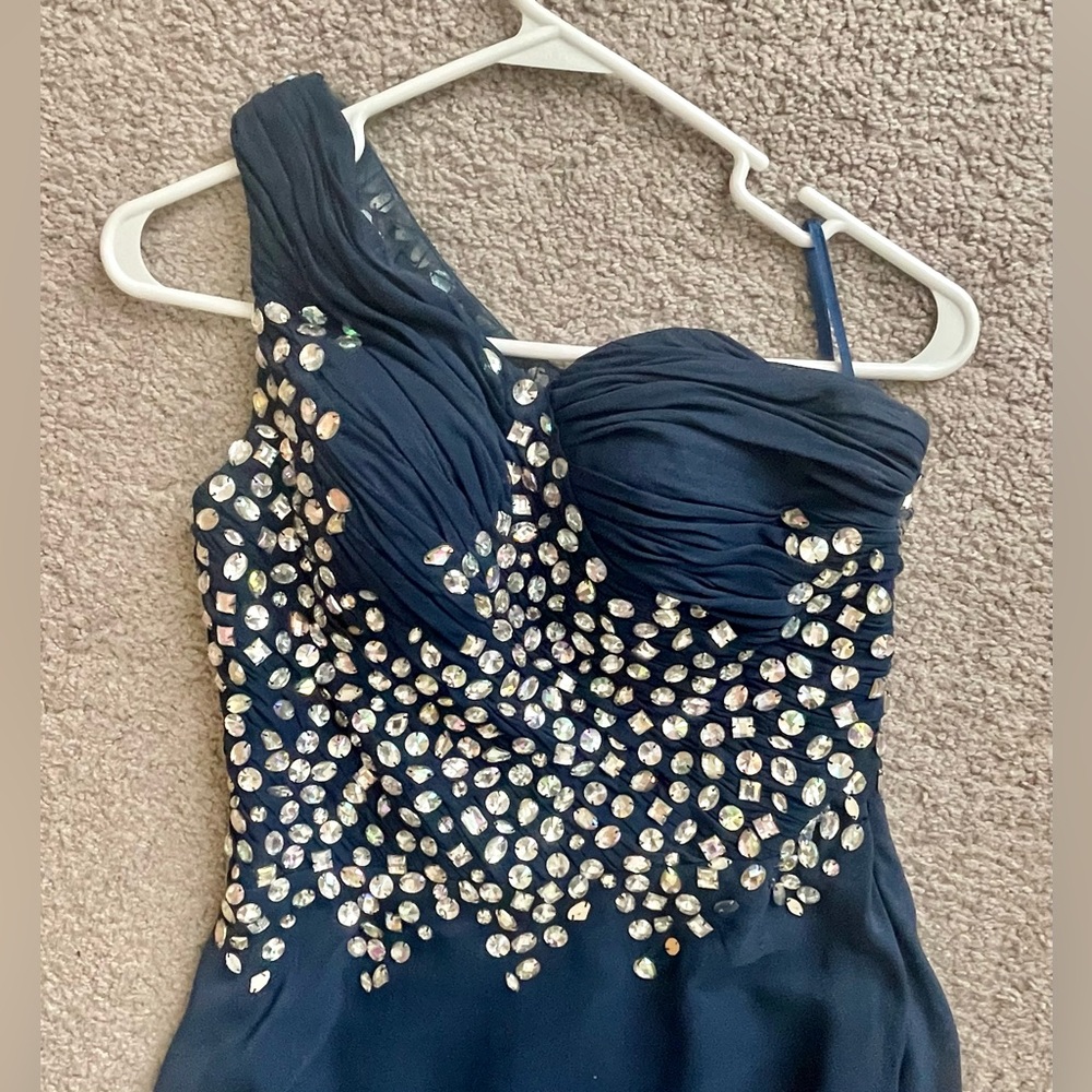 Navy One-Shoulder A-Line Prom Dress